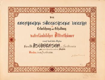 Corresponderende medlem af Det kongelige Sachsiske Selskap for Undersøgelsen og vedligeholdelsen af fedrenelandske oldtidsminder, Dresden 6.september 1858
