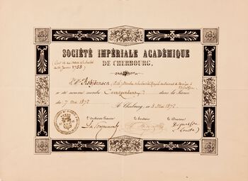 Sociéte imperiale académique de Cherbourg, signert directeur Digard de Lousta Cherbourg 7mai 1872, et lærd fransk samfunn opprettet 1755 spesielt intressert i historie og arkeologi. I&amp;#160; følgebrevet fremgår det at han er foreslått av Vitenskabsselskapet i Norge og at han gis tittelen membre correspondant pga sine utmerkelser. Vi håper, monsieur, skriver selskapet, at De vil motta denne meritterende tittel som en hyllest ”Veuillez bien, monsieur, agréer l´hommage de la hante consideration avec laquelle jái l´honneur détre votre tres humble et obéissant serviteur et confrére”