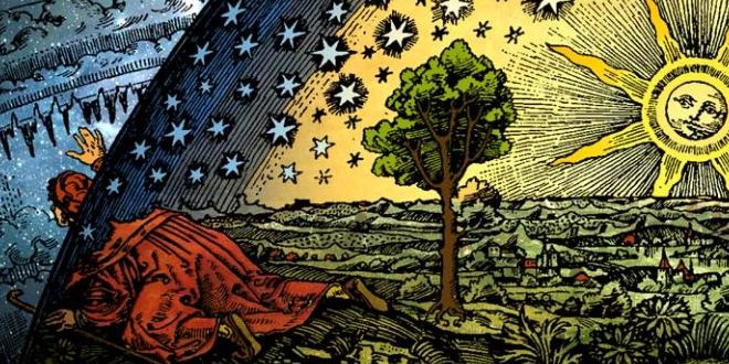 Maleri av en mann som forlater jorden med trær, sol, måne og stjerner og går ut i universet.