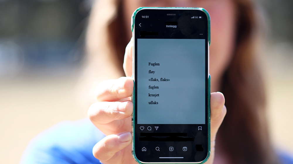 A person holding a mobile phone, showing an instagrampoem. Photo.