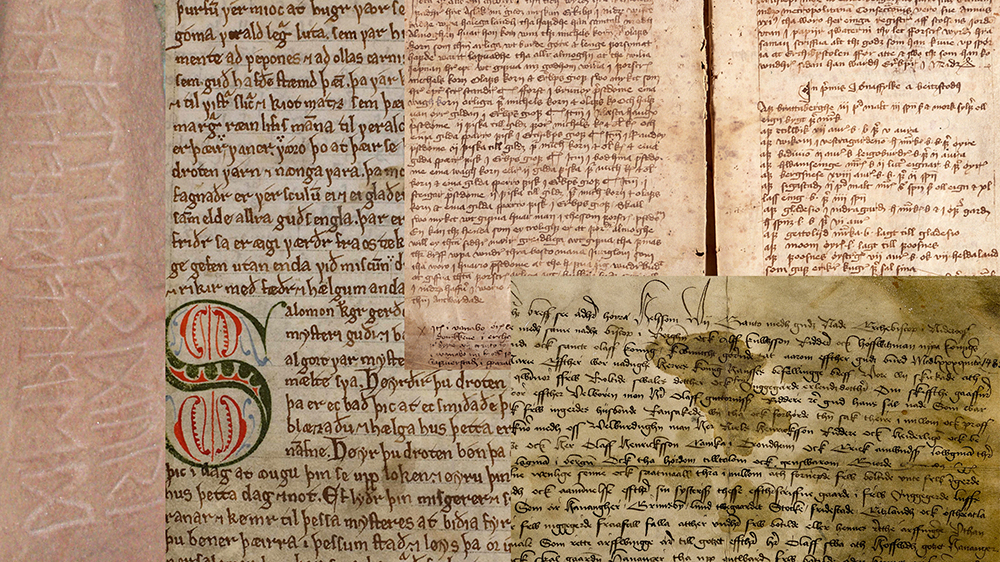 Collection of various book pages with older, handwritten Norwegian texts. 