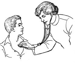 Illustrasjon til Lege-pasientkorpuset. Kvinnelig lege plasserer stetoskop på brystet på en mann. Tegning.