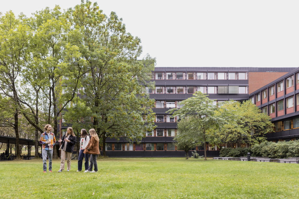 Bilde av 4 studenter i forkant av et tre i en hage med en bygning i bakgrunnen 