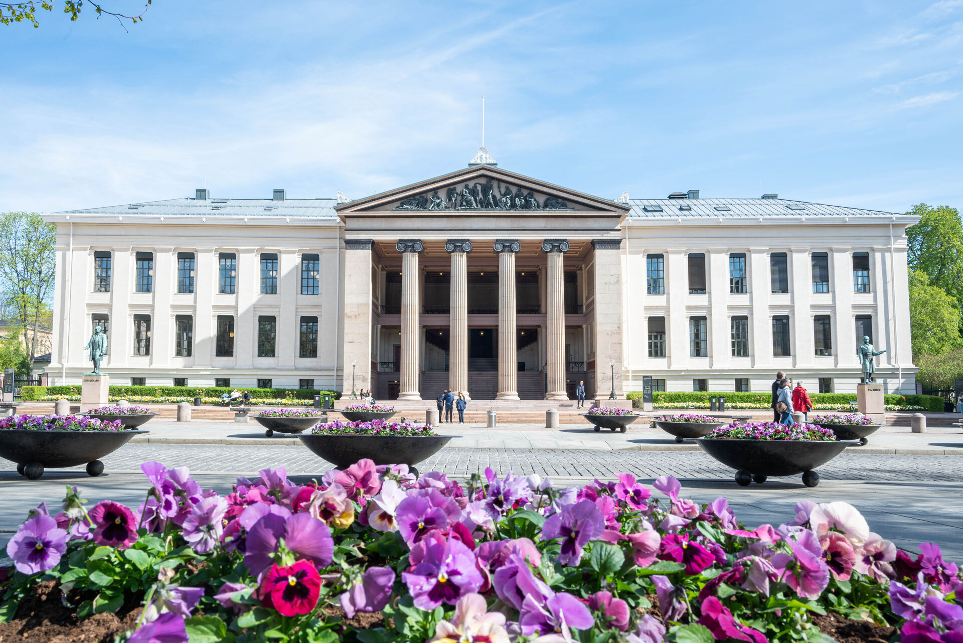 Bygningen Domus Media med blomster i forgrunnen