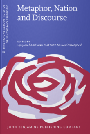 A red and grey illustrated rose, on a blue background. The front page of the book "Metaphor, Nation and Discourse"