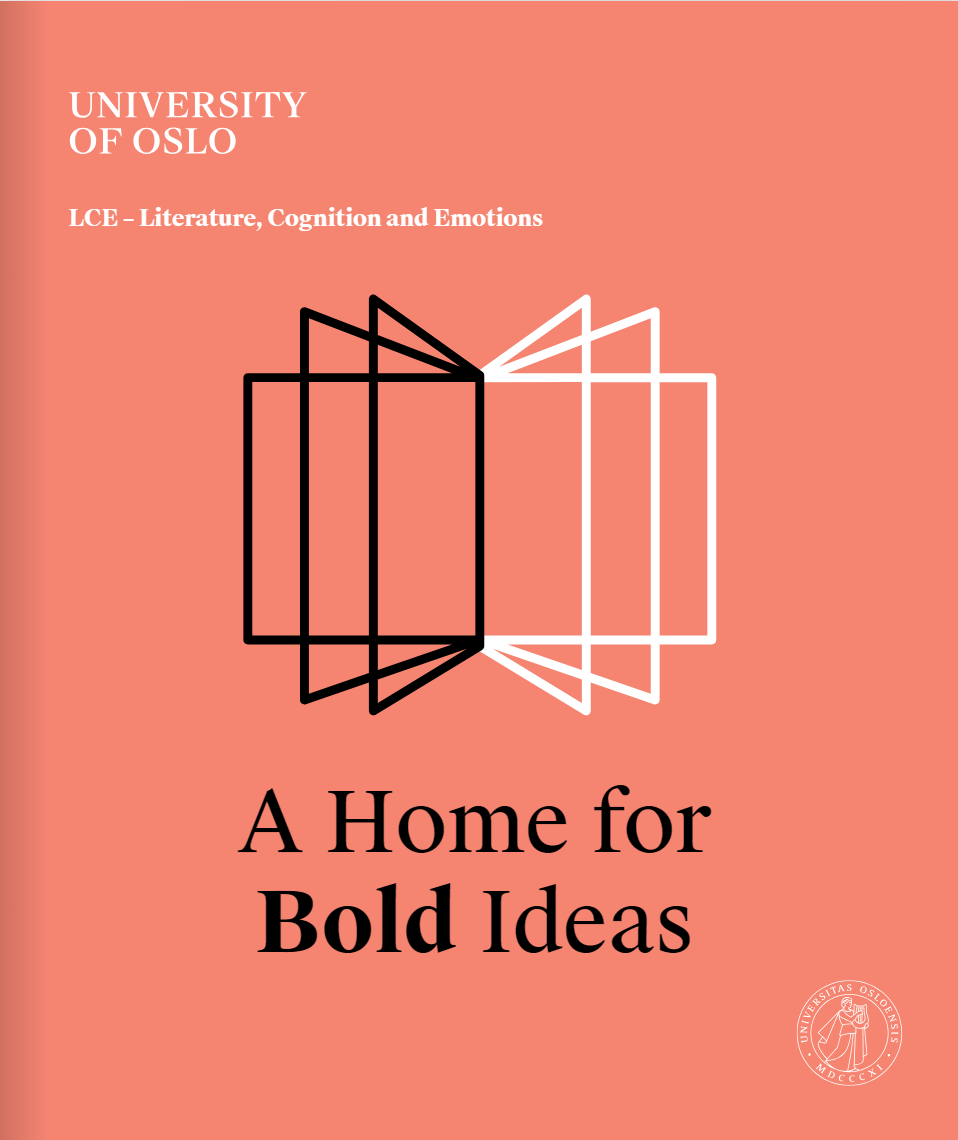 Forsiden til brosjyren. Svart og hvitt symbol som viser en bok på en rosa bakgrunn, med teksten "University of Oslo", "LCE - Literature, Cognition and Emotions", og "A Home for Bold Ideas" og UiOs logo-segl. Lenke til den digitale brosjyren på heyzine.com.
