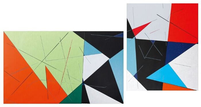 Geometriske figurer i rødt, sort, hvitt og blått. Grafikk.