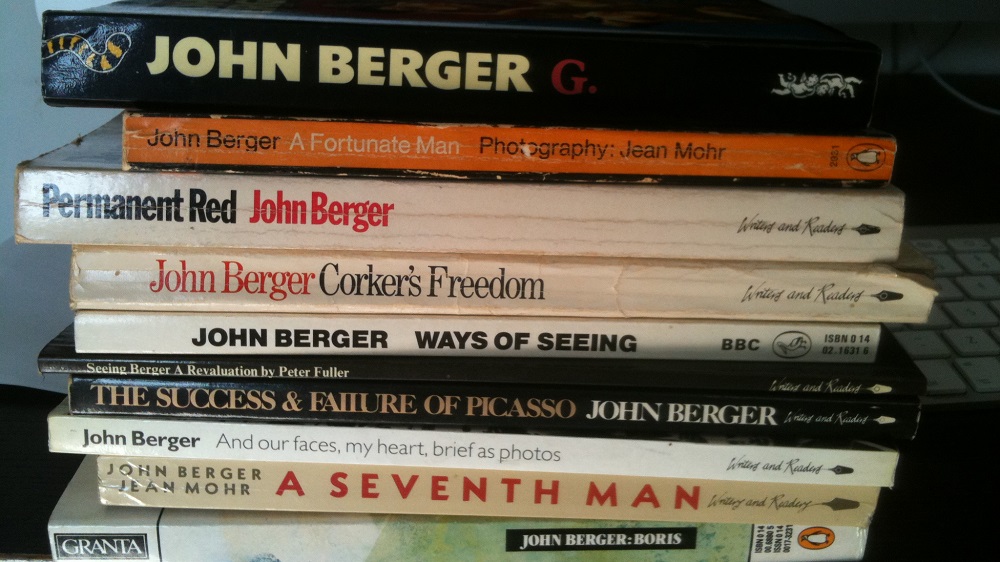 A stack of books by John Berger. Photograph. 