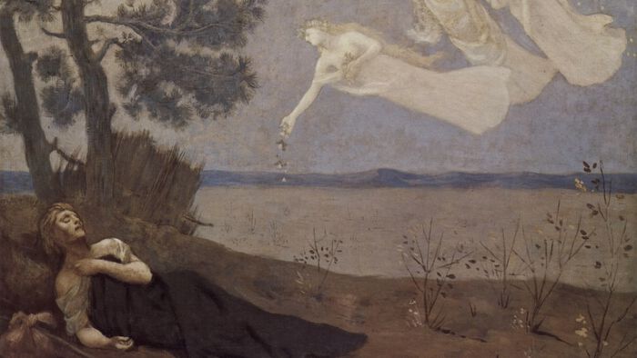 Painting with a traveller sleeping by a lake and dreaming