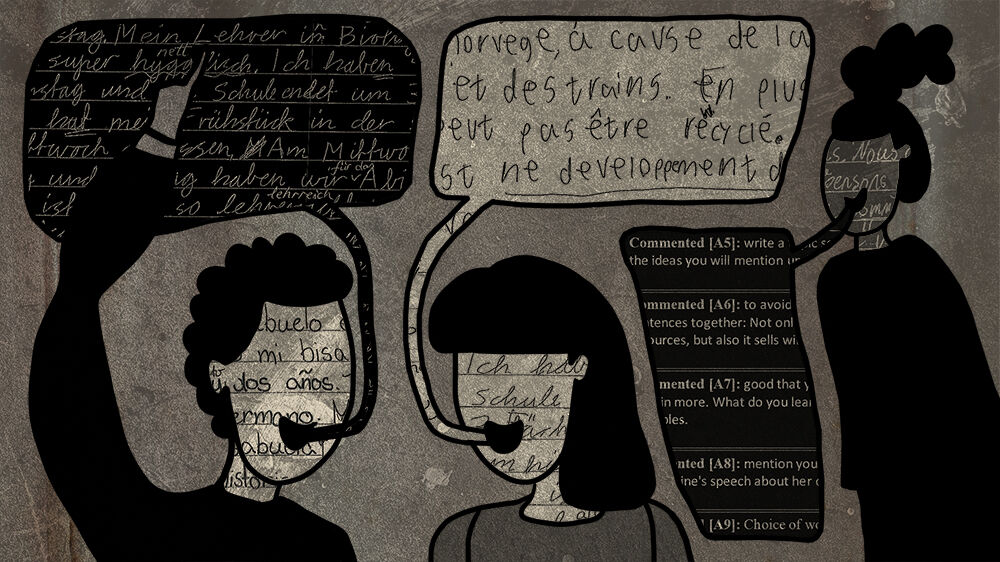 Illustration showing three people with a speech bubble with handwritten text in different languages.