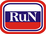 The letters "RuN". Red, blue and white colours. Logo.