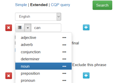 Drop-down menu. The word "noun" is marked in blue.