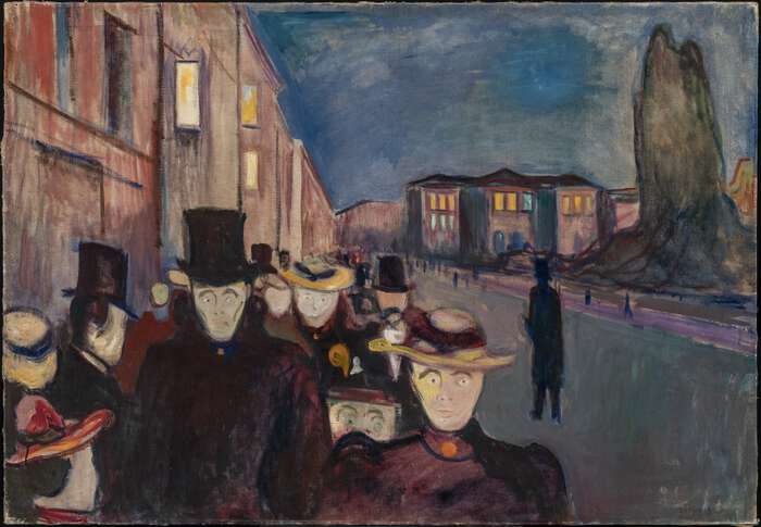 Karl Johans gate sett mot Stortinget. Bleke mennesker med store, stirrende øyne på fortauet. Foto av oljemaleri.