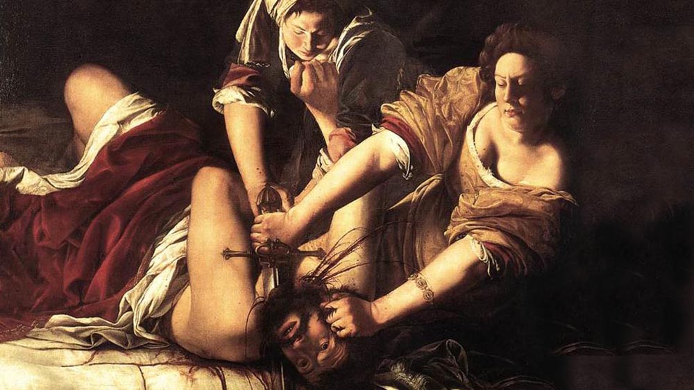 Two women holding a man down while behading him with a sword. Painting.