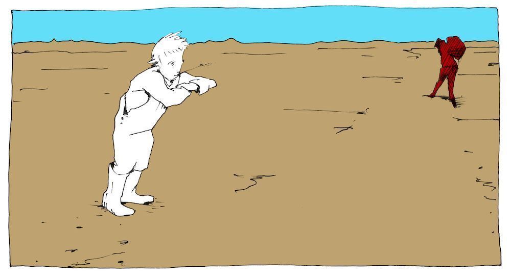 En tegning av en bonde som lener seg over et usynlig gjerde. I bakgrunnen se vi en person med ryggsekk som skal krysse over.