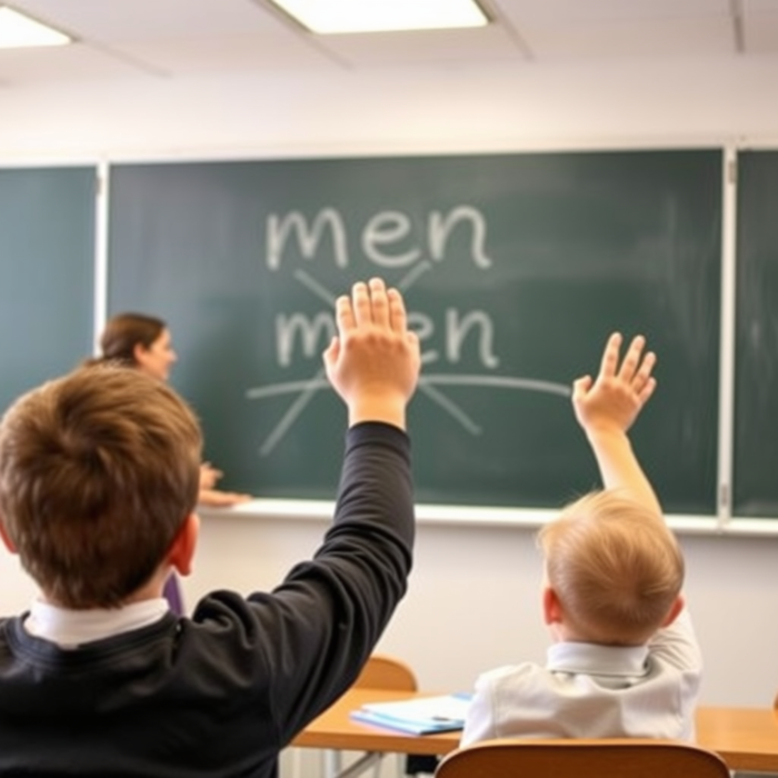 Bilde av lærer som har krysset over "men" på tavla og elever som rekker opp hånda