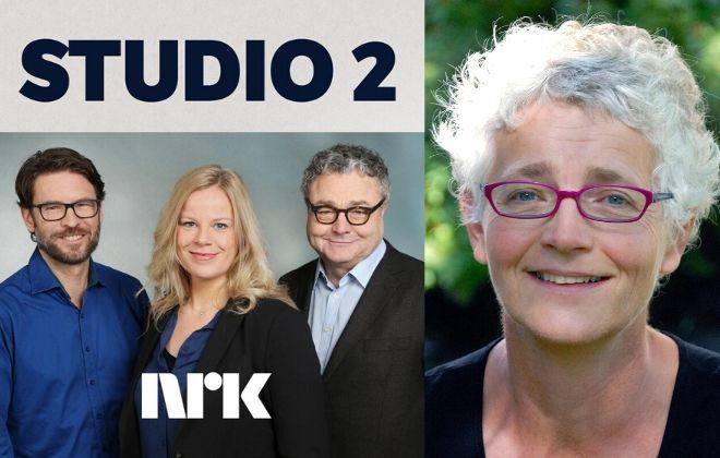 Tre programledere fra Studio 2 og instituttleder Karen Gammelgaard