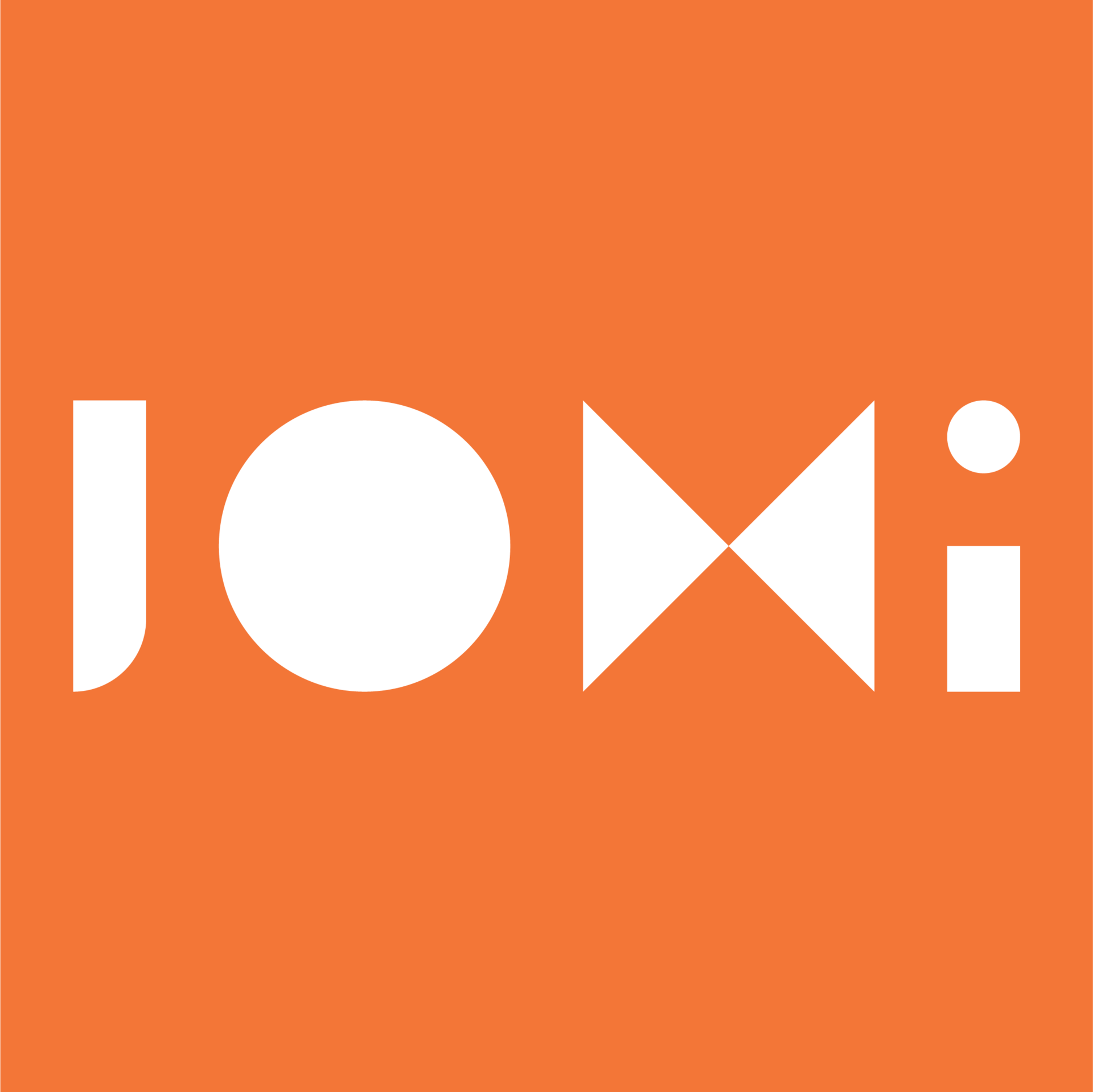 Logo, orange square with JOMi in white letters. 