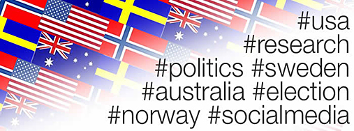Mange ulike flagg og hashtags, blant annet usa, politics og norway. Illustration.