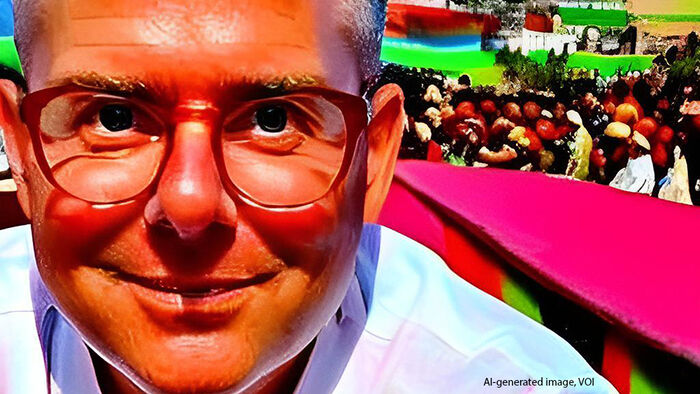 Portrait of a man. In the background you se a crowd of people and buildings, but the image looks manipulated and the different parts doesn't quite fit together. AI-generated photo.