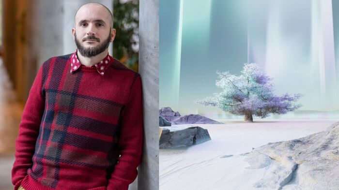 A collage of a man and an illustration generated by AI. Photo and illustration. 