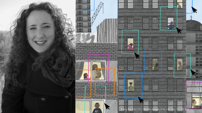 A collage of a woman and an illustration of a tall buiding with several people visible through the windows. Photo and illustration.