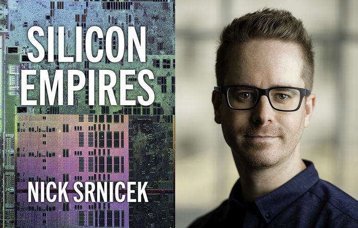 Collage: a book cover with an illustration with different colours and shapes and the text "Silicon Empires, Nick Srnicek". A photo of a man with glasses wearing a blue shirt and looking into the camera.  
