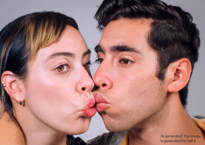 A woman and a man kissing. Made by Eryk Salvaggio with Dall-E.