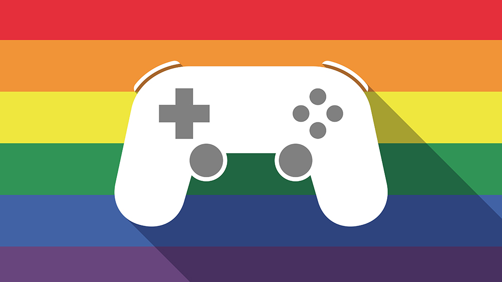 Illustration of a long shadow gay pride flag with a game pad.