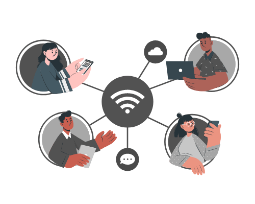 Et wifi-symbol i midten forbinder fire unge mennesker som sitter med hver sin mobil eller PC