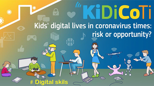 Illustrasjon av barn som bruker nettmedier. Over bildet står teksten ""KiDiCoTi – Kids’ digital lives in coronavirus times: risk or opportunity?"