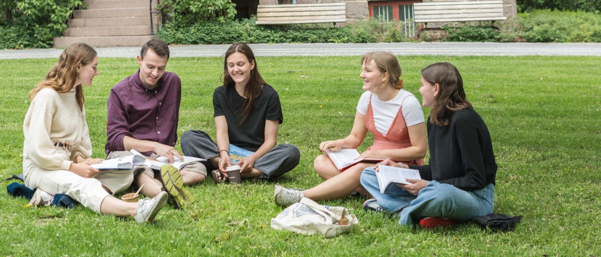 Five students are studying on the lawn in front of the University Library.