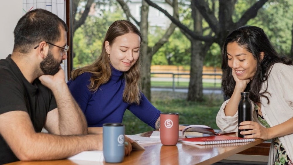 Three happy students studying together, picture