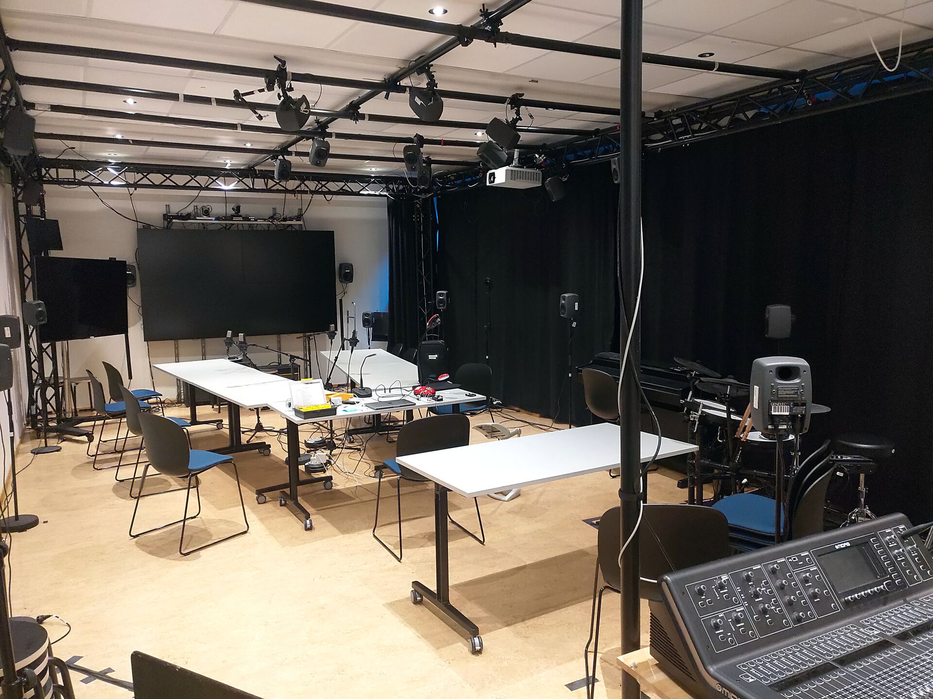 Audio equipment ,Ceiling ,Floor ,Microphone stand ,Electricity.