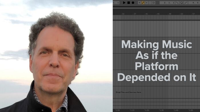 Portrait of Professor Paul Théberge, alongside the title of the event: "Making Music As if the Platform Depended on It". The title is displayed over a screen shot of a digital audio workstation.