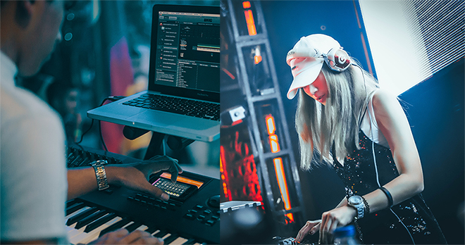 Man playing keyboard in front of laptop, woman playing on electronic device.
