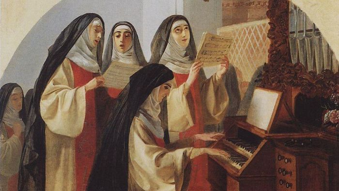 Three nuns singing and one nun are playing the piano. Painting.