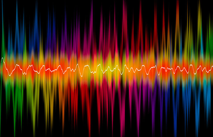 A sound wave in green, red, yellow, blue and orange with high and low pitches on a black background