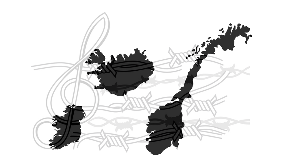 Illustrasjonen viser et note-tegn, piggtråd og den geografiske omkretsen til Irland, Island og Norge.