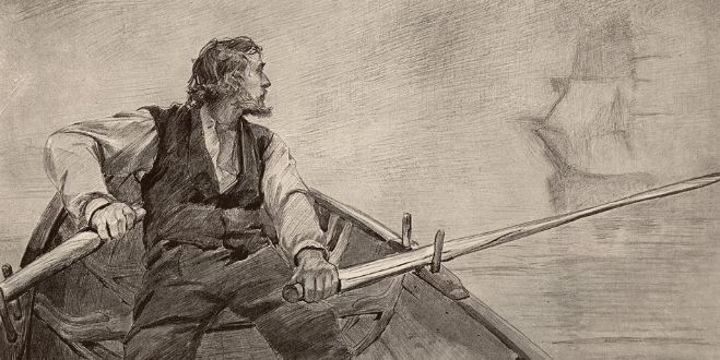 En mann ror i en liten båt og titter over skulderen en seilskute. Tegning.