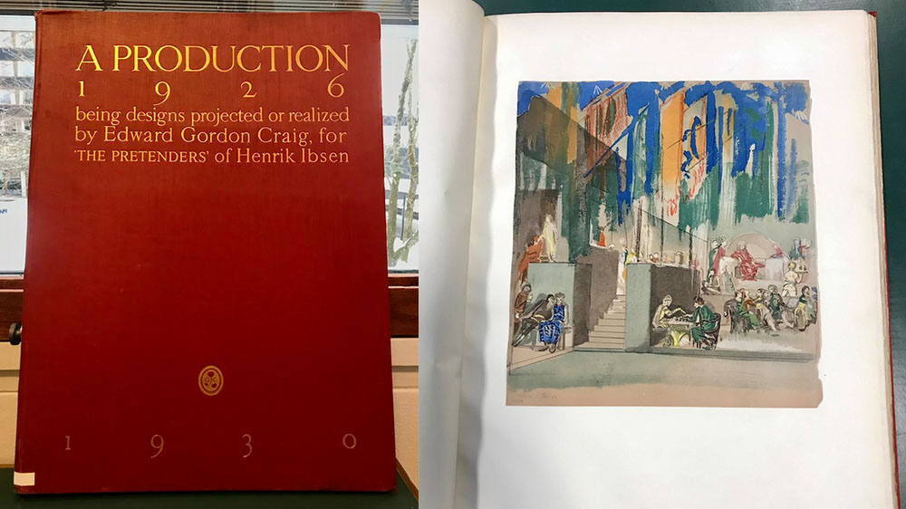 To the left: Front page of a book, the book cover is red with the text "A production: being thirty-two collotype plates of designs projected or realised for The Pretenders of Henrik Ibsen, and produced at the Royal Theatre, Copenhagen, 1926". To the right: a book page with a painting. Photo.