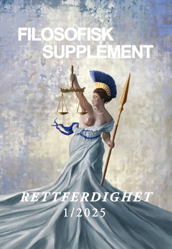 Kvinne i sid kjole med spyd i den ene hånda og en vekt i den andre. Tekstene Filosofisk supplement og Rettferdighet 1/25.