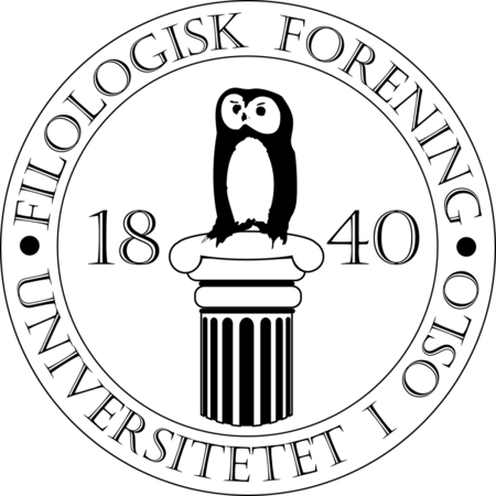 Logo i sort og hvitt med en Ugle i midten og årstallet 1840. I sirkel rundt står teksten Filologisk forening Universitetet i Oslo.