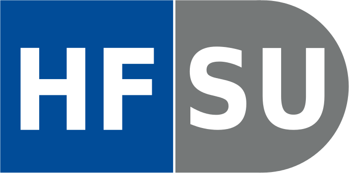 HFSU står det med hvite bokstaver på blå og grå bakgrunn. Logo.