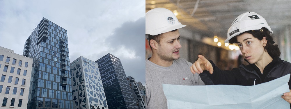 Picture on the left: skyscrapers. Picture on the right: a male and a female workers wearing a protective helmet, discussing over work-related papers