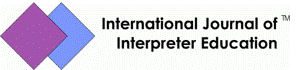 Logo for the International Journal of Interpreter Education, with two overlapping squares on the diagonal in purple and blue to the right of the journal title