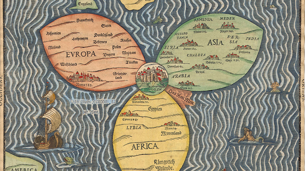 Bilde av et gammelt kart som viser Jerusalem i midten av verden