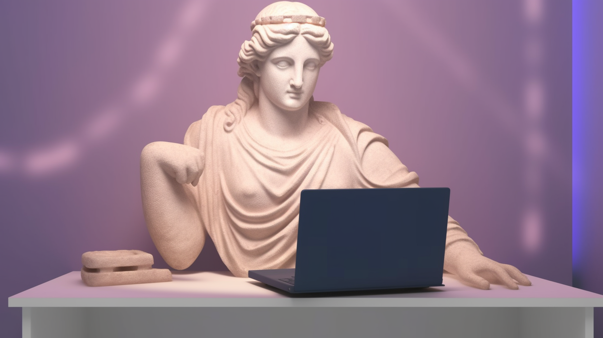 Illustrasjon: Klassisk gresk marmorskulptur av kvinneskikkelse som sitter foran en laptop. Manipulert fotografi.