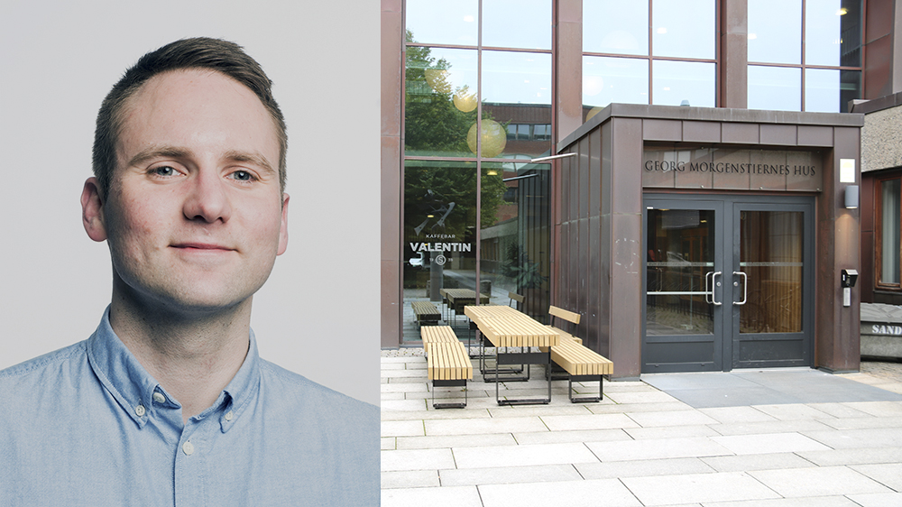 Bilde av en ung mann med blondt hår og en blå skjorte. Bilde av inngangspartiet til et stort hus med mange vinduer.