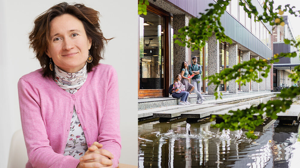 Et portrett av en dame med brunt hår og rosa genser som sitter med hendene foldet, og et bilde fra campus Blindern med tre studenter som har studiebøker i hånden. 